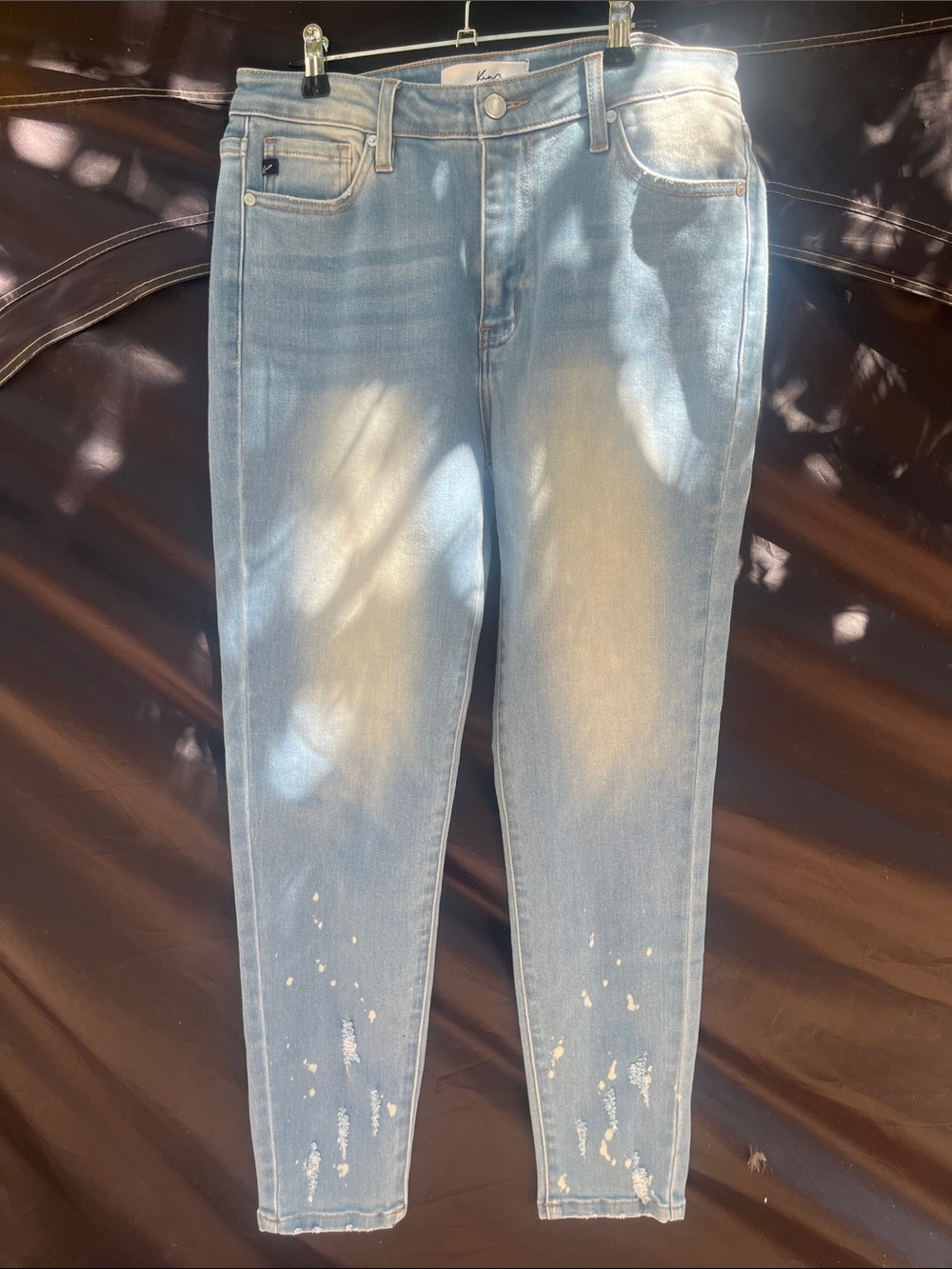 KanCan Light Wash Skinny Jeans with Paint-Splatter Accents